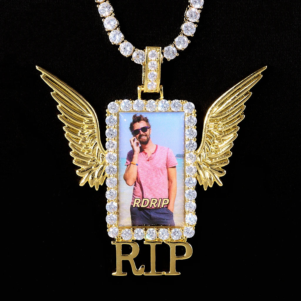 Iced Out Wings RIP Custom Photo Pendant, gold tone rectangular diamond frame locket with angel wings and RIP letter, custom memorial picture pendant paired with iced tennis chain, hip hop personalized keepsake necklace, RDRIP JEWELRY
