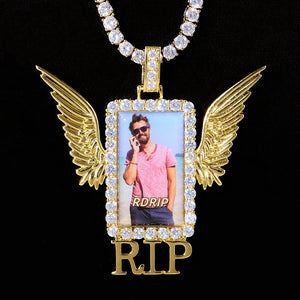 Iced Out Wings RIP Custom Photo Pendant, gold tone rectangular diamond frame locket with angel wings and RIP letter, custom memorial picture pendant paired with iced tennis chain, hip hop personalized keepsake necklace, RDRIP JEWELRY
