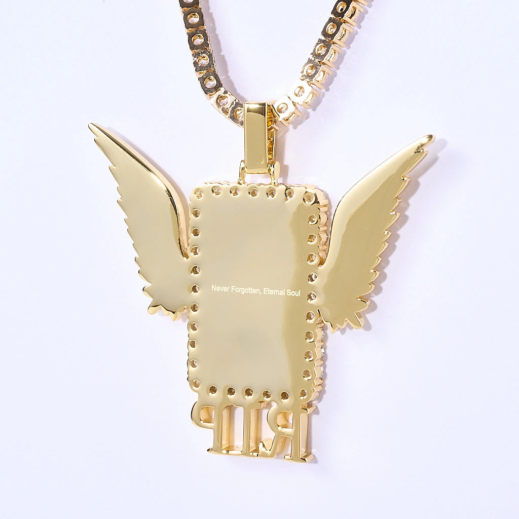 Iced Out Wings RIP Custom Photo Pendant, gold tone back hanging view, smooth polished back engraved with "Never Forgotten, Eternal Soul", angel wing frame, matched tennis chain, plain white background, memorial personalized hip hop keepsake jewelry, RDRIP JEWELRY
