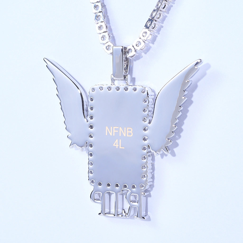 Iced Out Wings RIP Custom Photo Pendant, white gold tone back hanging view, polished smooth rear plate supports custom engraved text, angel wing frame, matched tennis chain, plain white background, customizable memorial hip hop keepsake jewelry, RDRIP JEWELRY
