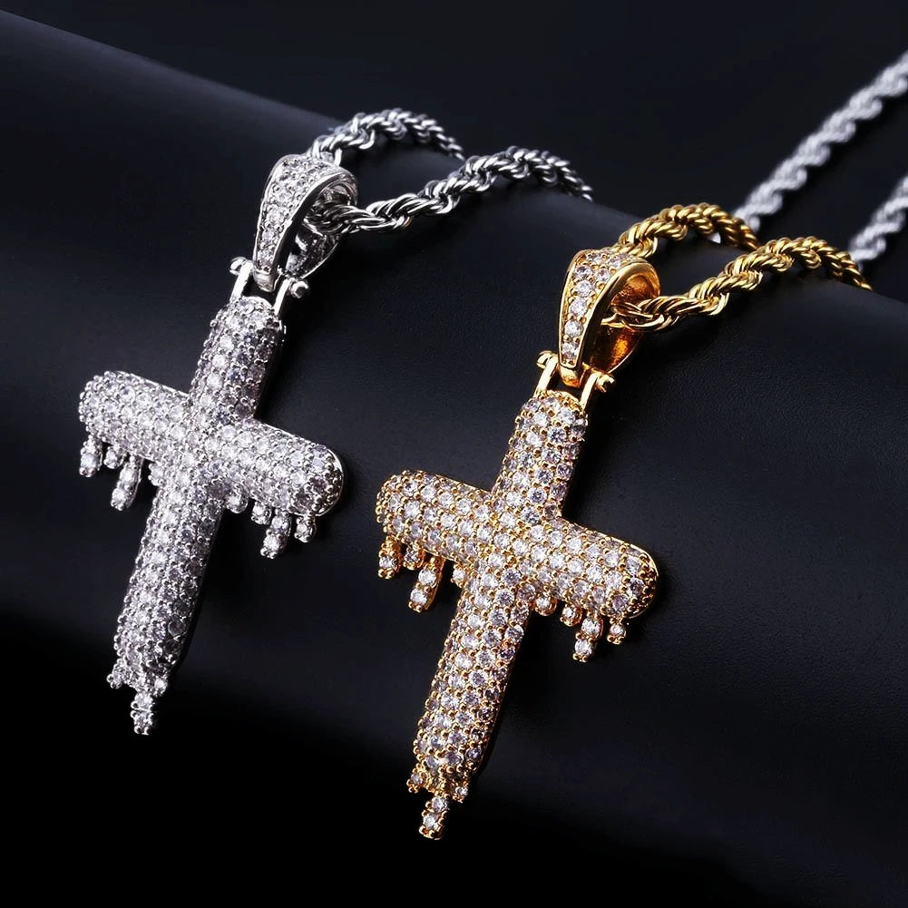 RDRIP JEWELRY SINCE 2016 Iced Out Dripping Cross Pendant two color options silver and 18k gold plated displayed side by side, fully micro paved cubic zirconia melting drip cross hip hop pendants with twisted rope chains, men iced out street jewelry multiple finish choices
