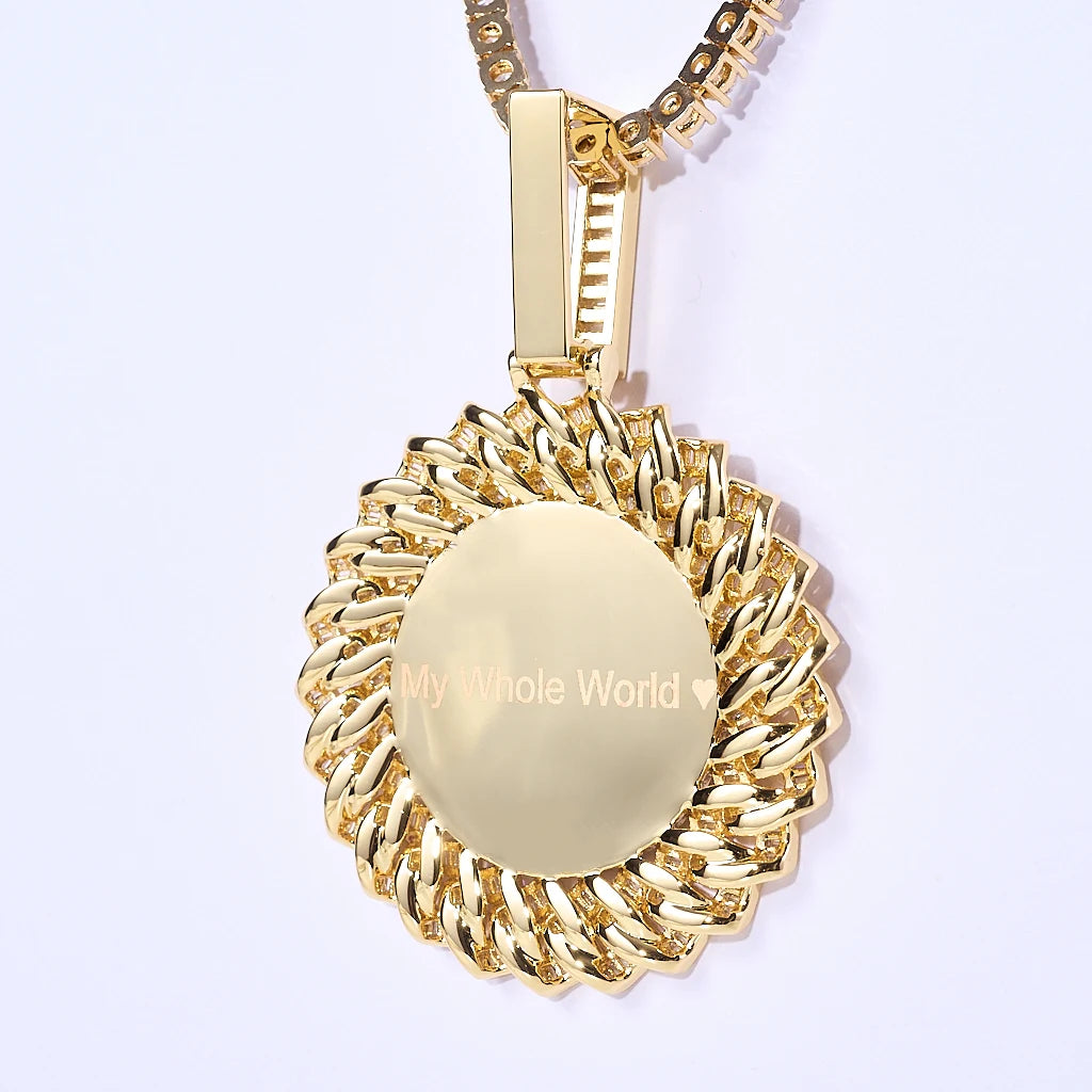 Large 3D Baguette Sunburst Custom Photo Pendant Necklace, gold plated sunburst baguette border personalized memory medallion, back view with sample engraving "My Whole World", you can customize your own engraved words, hollow metal frame, clean plain white background, RDRIP JEWELRY
