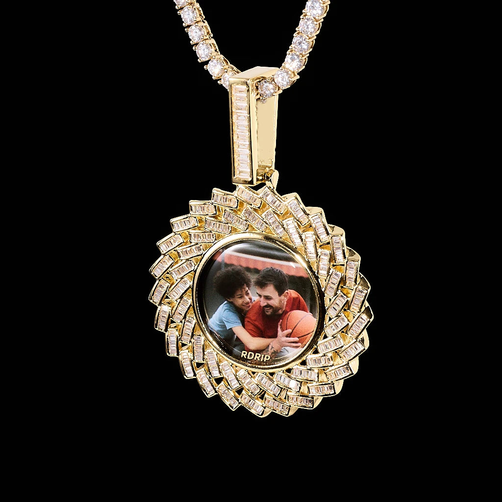 Large 3D Baguette Sunburst Custom Photo Pendant Necklace, gold tone iced out baguette border personalized memory photo medallion paired with round stone tennis chain, solid black studio background, RDRIP JEWELRY
