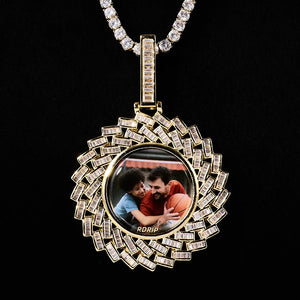 Large 3D Baguette Sunburst Custom Photo Pendant Necklace, gold plated iced out sunburst baguette border personalized memory photo medallion, customizable portrait picture hip hop jewelry with tennis chain, pure black background, RDRIP JEWELRY
