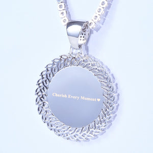 LARGE 3D DELUXE WHEAT EAR CUSTOM PICTURE PENDANT, macro close-up of silver pendant reverse side, customizable engraved plate printed with "Cherish Every Moment", hollow multi-layer wheat ear frame hip hop photo medallion, detail shot on clean white background, RDRIP JEWELRY
