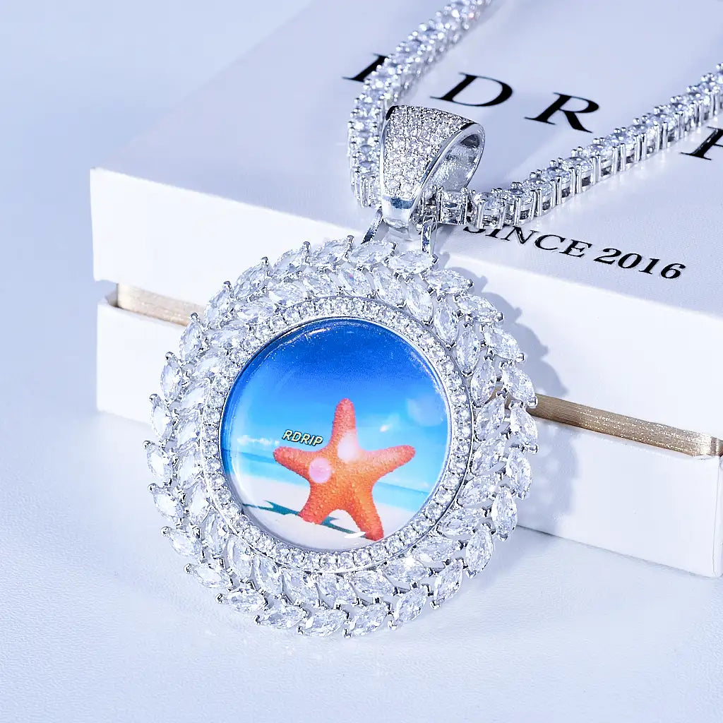 LARGE 3D DELUXE WHEAT EAR CUSTOM PICTURE PENDANT, silver plated iced out multi-layer marquise wheat ear border custom memory photo charm, upgraded sunflower style portrait medallion hip hop jewelry matched with tennis chain, lifestyle product shot arranged on branded white gift packaging box, RDRIP JEWELRY
