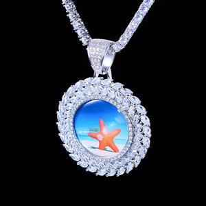 LARGE 3D DELUXE WHEAT EAR CUSTOM PICTURE PENDANT, silver plated iced out multi-layer marquise wheat ear border custom memory photo charm, upgraded sunflower style portrait medallion hip hop jewelry matched with tennis chain, close-up product photo on pure solid black background, RDRIP JEWELRY
