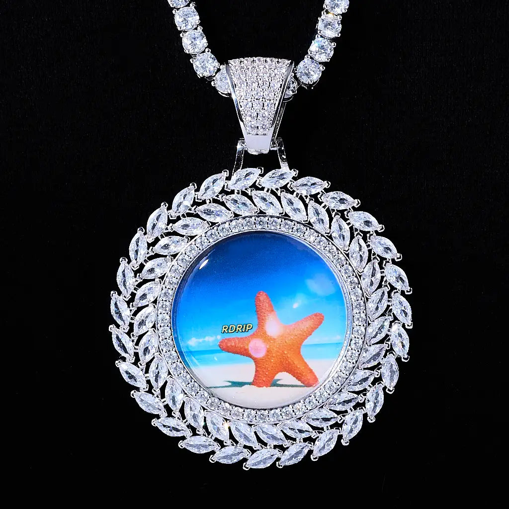 LARGE 3D DELUXE WHEAT EAR CUSTOM PICTURE PENDANT, silver plated iced out multi-layer marquise wheat ear border custom memory photo charm, upgraded deluxe sunflower style personalized portrait medallion hip hop jewelry matched with tennis chain, close-up product photo on pure solid black background, RDRIP JEWELRY
