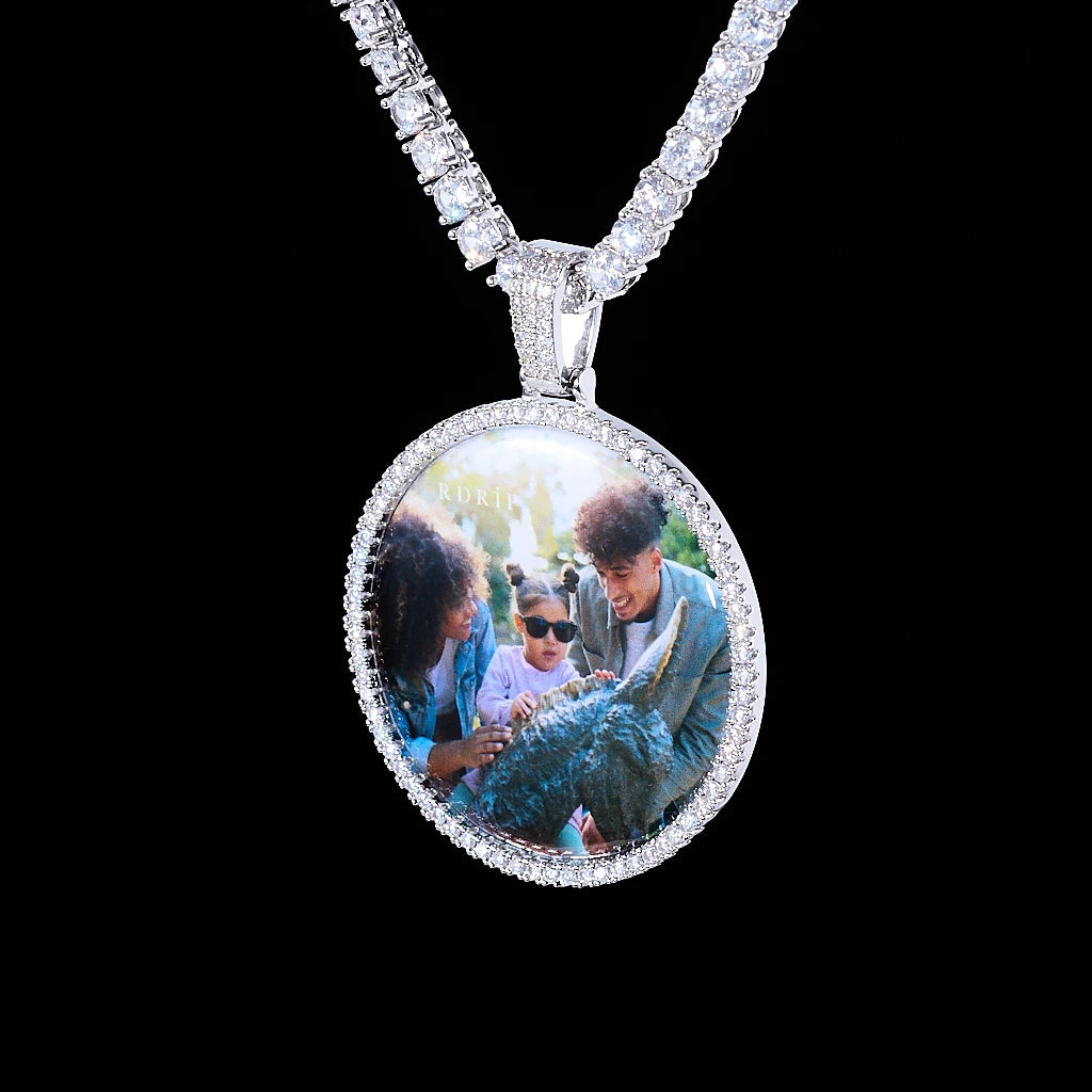 Silver Medium 3D Circle Custom Picture Pendant, customized memory photo medallion with iced stone frame, hip hop personalized image charm matching tennis chain, RDRIP JEWELRY
