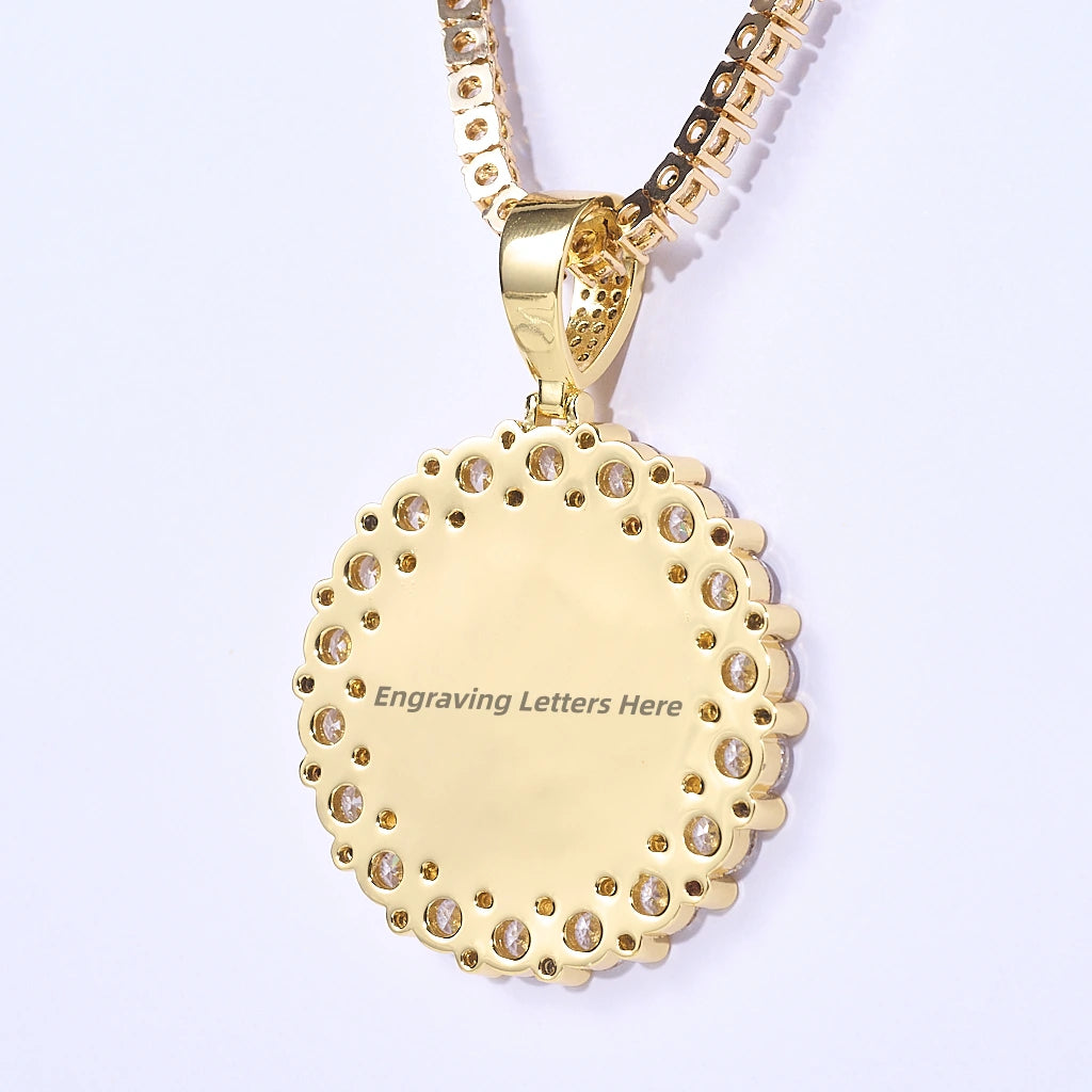 Round Big Stone Halo Custom Photo Pendant Necklace back view, gold tone blank round medallion with custom engraving space, large stone halo frame, product shot on plain white background, RDRIP JEWELRY personalized hip hop memory jewelry
