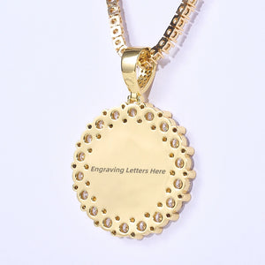 Round Big Stone Halo Custom Photo Pendant Necklace back view, gold tone blank round medallion with custom engraving space, large stone halo frame, product shot on plain white background, RDRIP JEWELRY personalized hip hop memory jewelry
