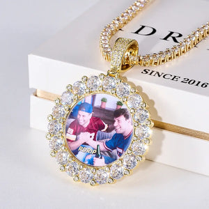 Round Big Stone Halo Custom Photo Pendant Necklace back view, gold tone blank round medallion with custom engraving space, large stone halo frame, matched tennis chain, product shot on plain white background, RDRIP JEWELRY personalized hip hop memory jewelry
