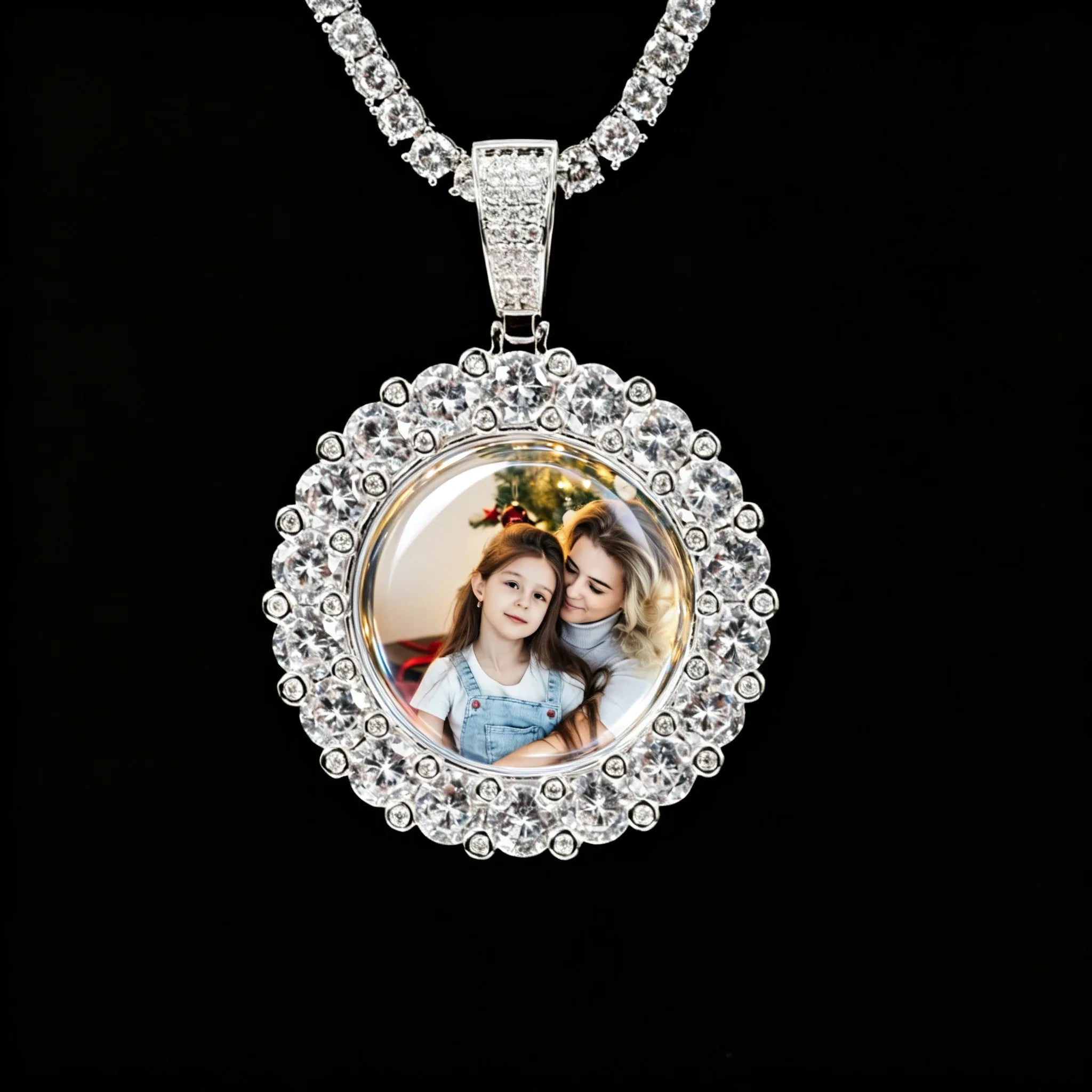 Round Big Stone Halo Custom Photo Pendant Necklace, silver tone circular picture medallion with clear glass dome and subtle reflection, paired with tennis chain, studio shot on solid black background, personalized family memory hip hop jewelry, RDRIP JEWELRY
