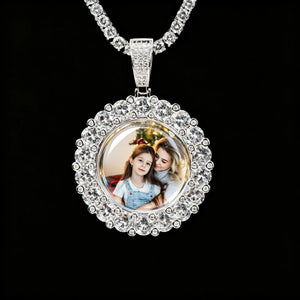 Round Big Stone Halo Custom Photo Pendant Necklace, silver tone circular picture medallion with clear glass dome and subtle reflection, paired with tennis chain, studio shot on solid black background, personalized family memory hip hop jewelry, RDRIP JEWELRY
