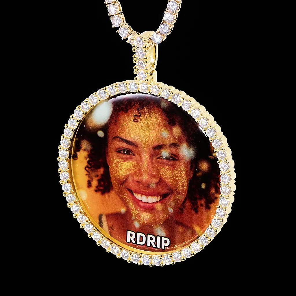 VVS MOISSANITE LARGE 3D CIRCLE CUSTOM PICTURE PENDANT, gold tone personalized single portrait photo medallion hip hop necklace with tennis chain, close up shot on solid black background, RDRIP JEWELRY
