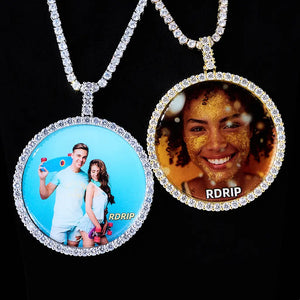 VVS MOISSANITE LARGE 3D CIRCLE CUSTOM PICTURE PENDANT, iced out round custom memory portrait photo medallion hip hop necklace, silver plated and gold plated color variations displayed side by side with tennis chains against black background, RDRIP JEWELRY
