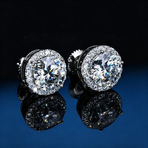2 Carat Round Halo Moissanite Stud Earrings, Side Profile Open Back Setting VVS1 D-E Color Hearts and Arrows Ideal Cut 925 Sterling Silver Iced Out Halo Studs for Men Women Luxury Hip Hop Jewelry RDRIP JEWELRY
