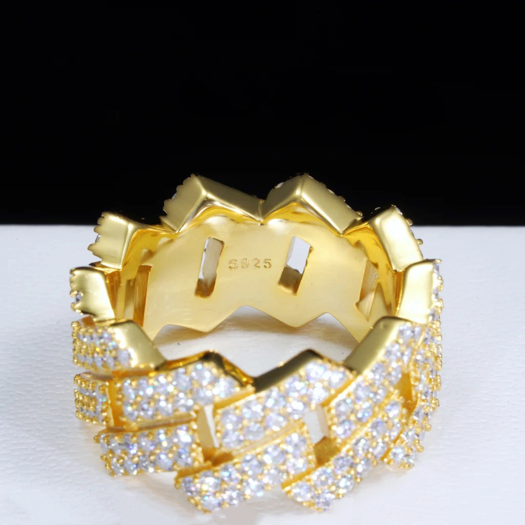inner view of 18K gold plated 925 sterling silver D color VVS1 moissanite miami cuban link ring showing s925 stamp marking 11mm prong set iced out hip hop mens statement ring RDRIP JEWELRY
