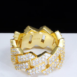 inner view of 18K gold plated 925 sterling silver D color VVS1 moissanite miami cuban link ring showing s925 stamp marking 11mm prong set iced out hip hop mens statement ring RDRIP JEWELRY
