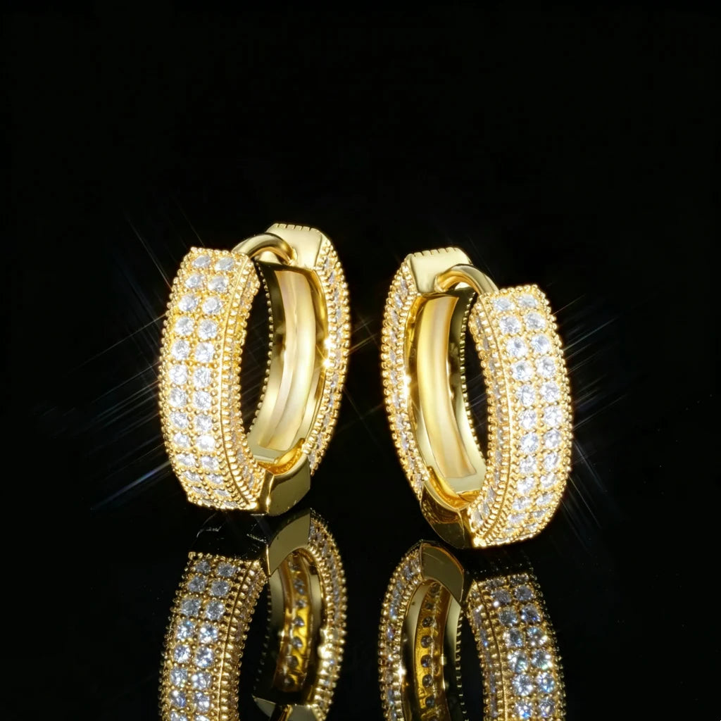 Pair of S925 Sterling Silver VVS1 Moissanite Fully Iced 3D Thick Huggie Hoop Earrings 14K Gold Plated Micro Pave Stone Setting Secure Click Lock Closure Unisex Men Women Hip Hop Iced Out Bling Fashion Jewelry RDRIP JEWELRY
