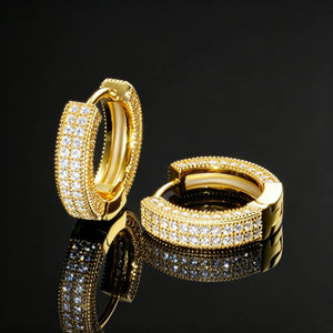 Pair of S925 Sterling Silver VVS1 Moissanite Fully Iced 3D Thick Huggie Hoop Earrings 14K Gold Plated Micro Pave Stone Setting Secure Click Lock Closure Unisex Men Women Hip Hop Iced Out Bling Jewelry RDRIP JEWELRY