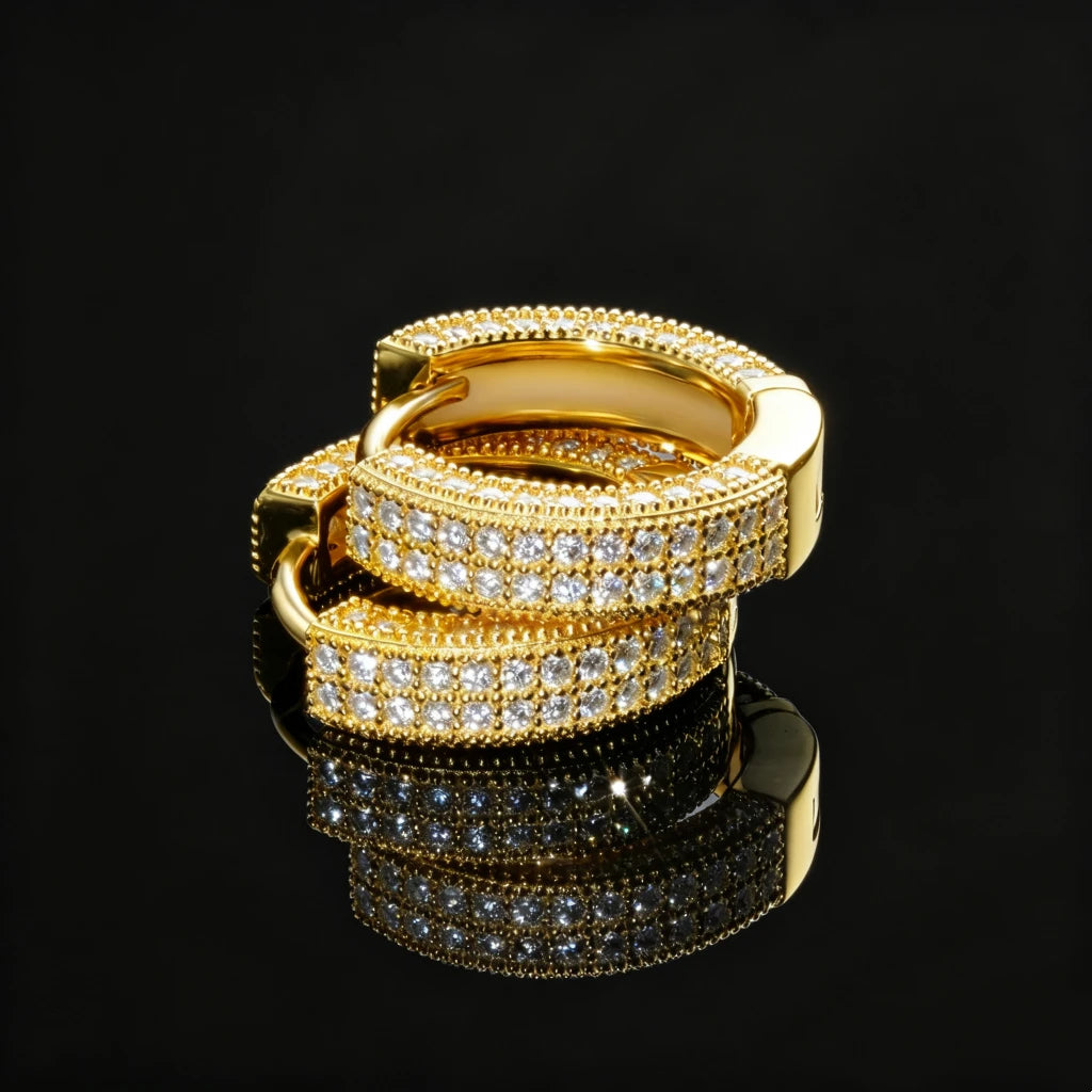 Pair of S925 Sterling Silver VVS1 Moissanite Fully Iced 3D Thick Huggie Hoop Earrings 14K Gold Plated Micro Pave Stone Setting Secure Click Lock Closure Unisex Men Women Hip Hop Iced Out Bling Jewelry RDRIP JEWELRY