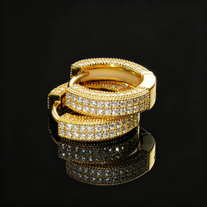 Pair of S925 Sterling Silver VVS1 Moissanite Fully Iced 3D Thick Huggie Hoop Earrings 14K Gold Plated Micro Pave Stone Setting Secure Click Lock Closure Unisex Men Women Hip Hop Iced Out Bling Jewelry RDRIP JEWELRY