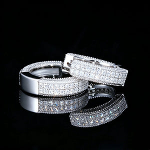 Pair of S925 Sterling Silver VVS1 Moissanite Fully Iced 3D Thick Huggie Hoop Earrings 14K Gold Plated Micro Pave Stone Setting Secure Click Lock Closure Unisex Men Women Hip Hop Iced Out Bling Jewelry RDRIP JEWELRY