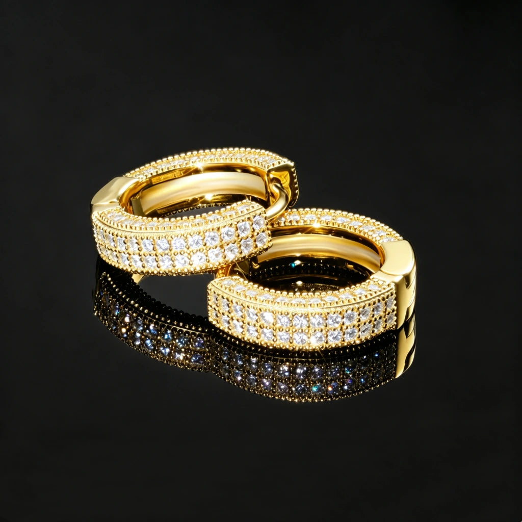 Pair of S925 Sterling Silver VVS1 Moissanite Fully Iced 3D Thick Huggie Hoop Earrings 14K Gold Plated Micro Pave Stone Setting Secure Click Lock Closure Unisex Men Women Hip Hop Iced Out Bling Fashion Jewelry RDRIP JEWELRY
