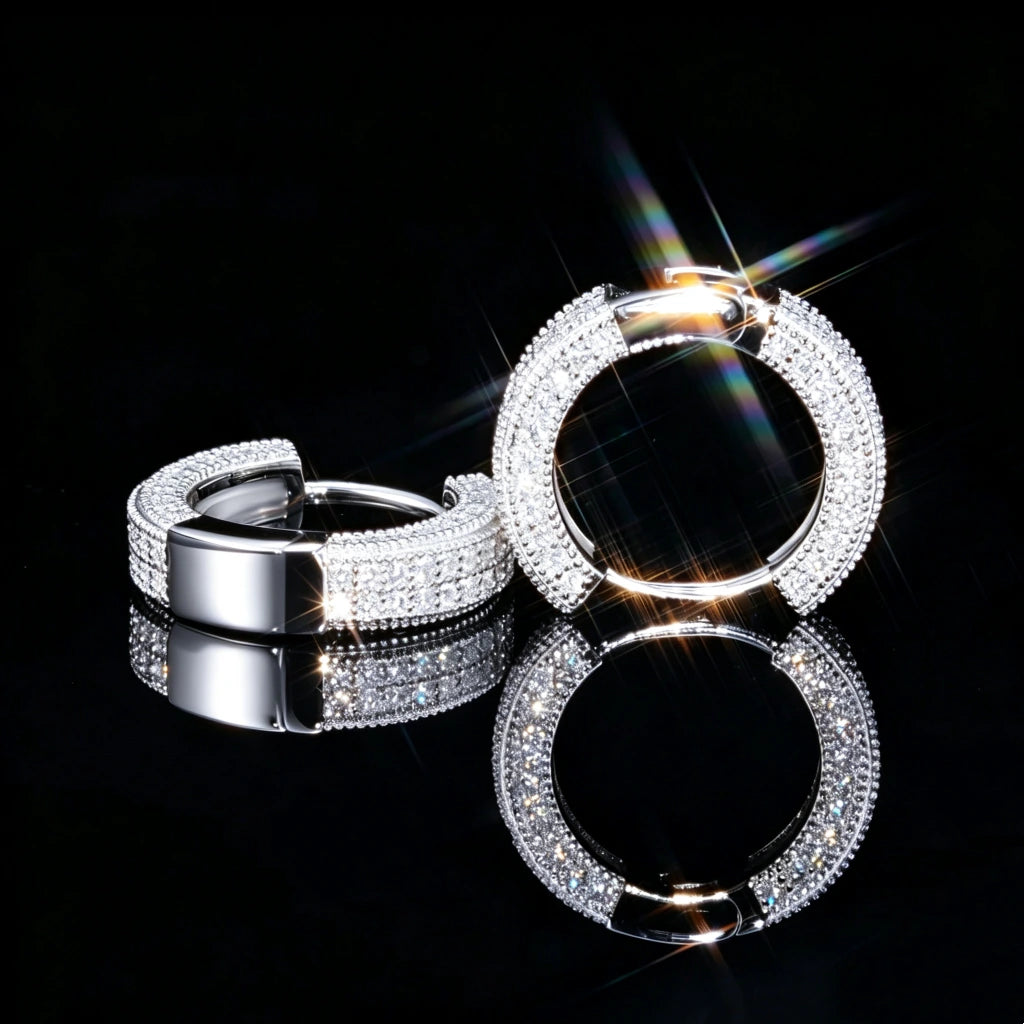 S925 VVS1 Moissanite Fully Iced 3D Thick Huggie Hoop Earrings White Gold Plated Micro Pave Click Lock Closure Unisex Hip Hop Bling Jewelry RDRIP JEWELRY
