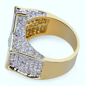 Side angle product shot of gold plated iced out pentagram wide band mens hip hop ring, displays hollow inner construction, polished gold band and fully micro paved cubic zirconia stone surface, close up craftsmanship view of icy star bling hiphop statement jewelry RDRIP JEWELRY
