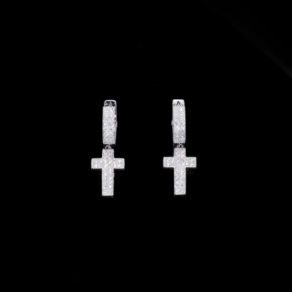 Silver plated iced out micro pave full pave VVS simulated diamond cross drop huggie hoop earrings, unisex hip hop bling cross dangle hoop earrings trendy urban statement fashion jewelry for men and women, RDRIP JEWELRY
