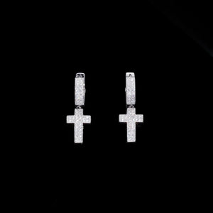 Silver plated iced out micro pave full pave VVS simulated diamond cross drop huggie hoop earrings, unisex hip hop bling cross dangle hoop earrings trendy urban statement fashion jewelry for men and women, RDRIP JEWELRY

