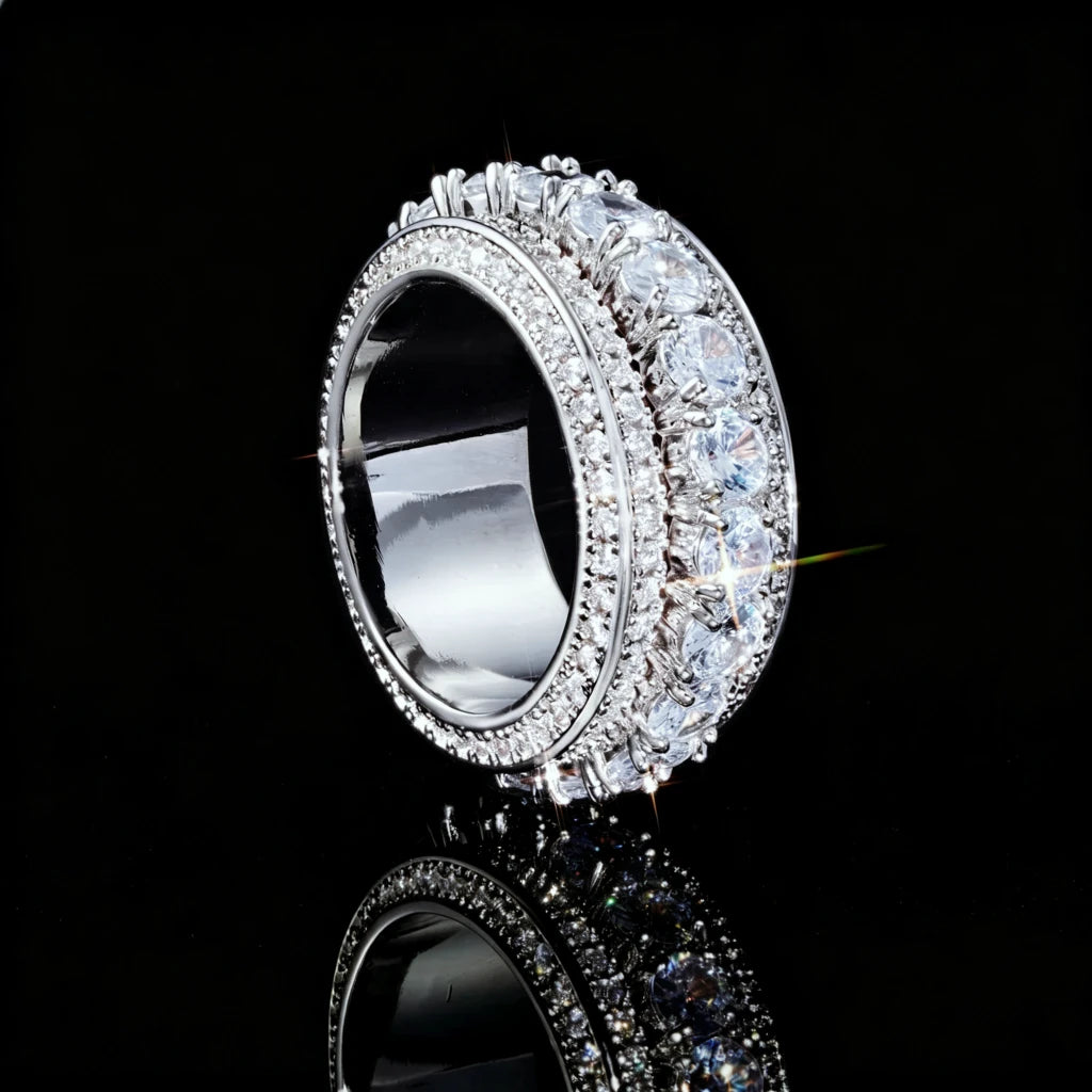 side profile view silver finish five‑row full paved iced out band ring for men heavy weight hip hop wide eternity band AAA cubic zirconia prong set bling luxury statement jewelry RDRIP JEWELRY SINCE 2016
