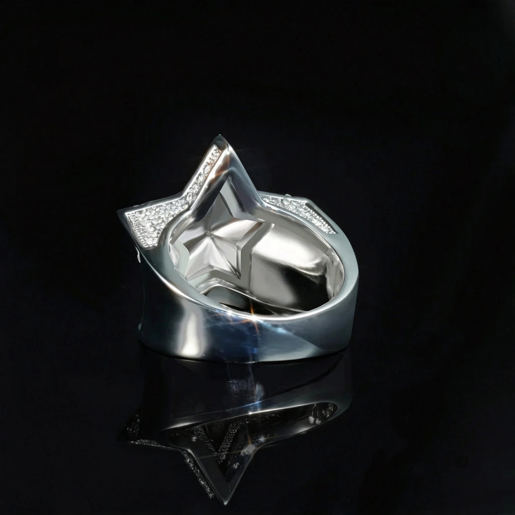 Closeup view showing inner hollow star structure of men full pave iced out solid 3D micro inlay pentagram rhinestone ring silver tone heavy thick solid band polished inner surface hip hop bling ring product detail shot on black glossy reflective background mens premium urban hip hop jewelry RDRIP JEWELRY
