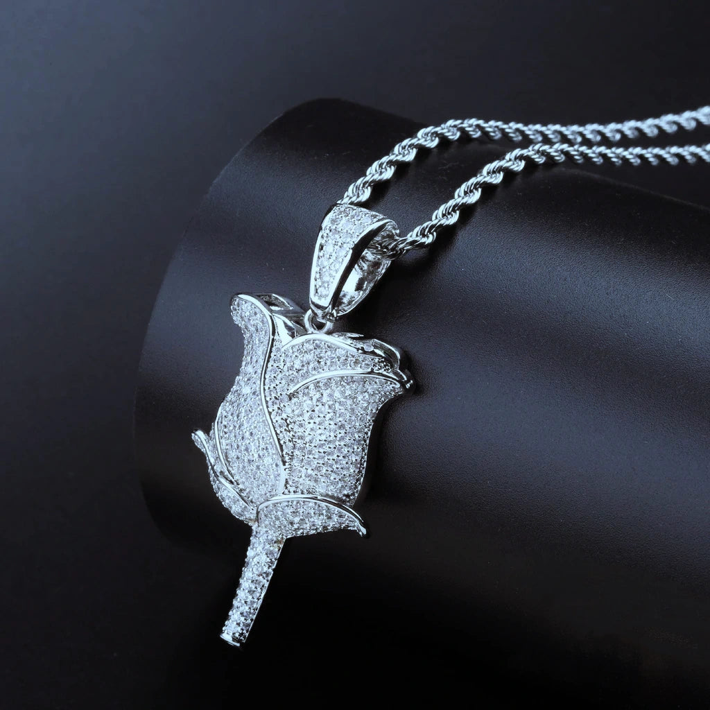 Silver tone bling fully paved rose flower pendant with twist rope chain, iced out hip hop necklace encrusted with flawless vvs simulated diamonds, premium unisex silver hiphop streetwear charm jewelry RDRIP JEWELRY SINCE 2016
