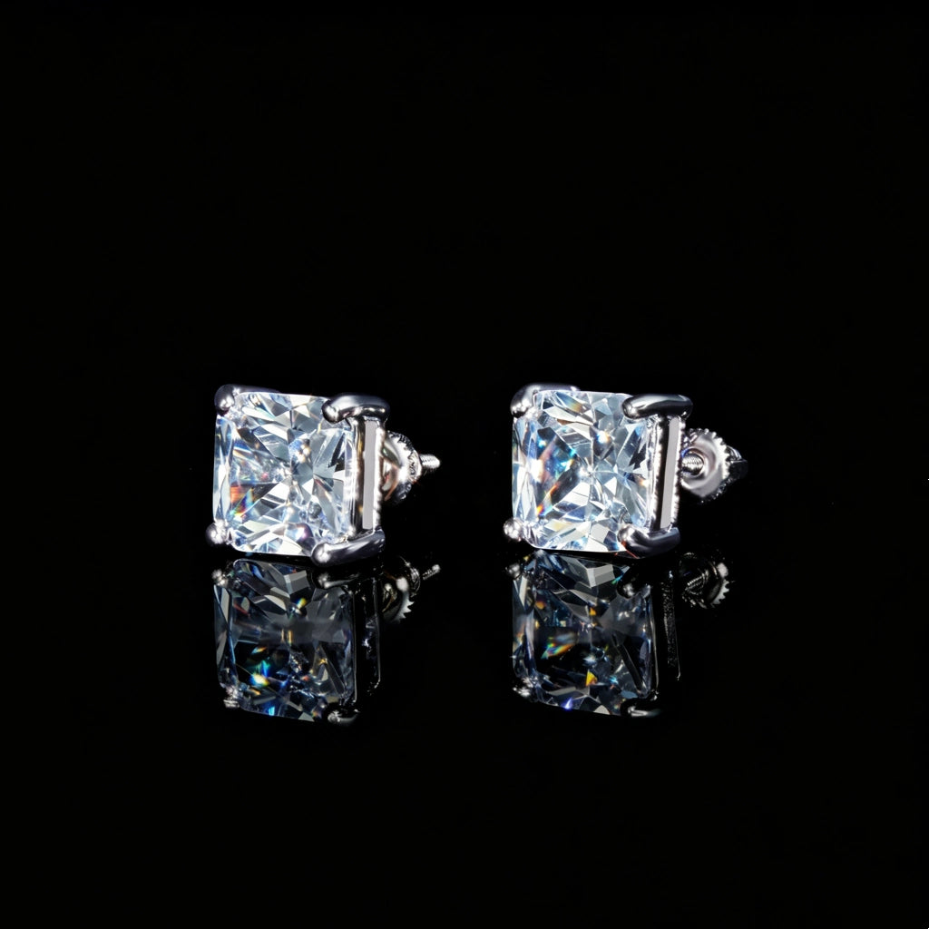 Solid 925 Silver Radiant Cut 9MM 4 Prong Screw Back Stud Earrings, Shiny Clear CZ Square Stone 4 Prong Setting Ear Studs, Screwback Piercing Jewelry Gift for Men Women RDRIP JEWELRY
