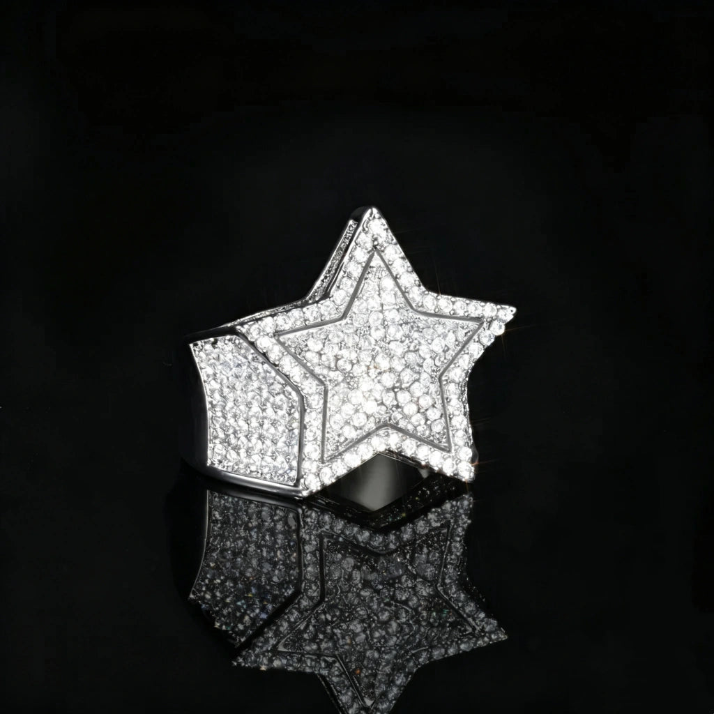 Heavy full pave iced out solid 3D micro inlay pentagram rhinestone ring silver tone heavy wide solid band bling hip hop men statement ring studio product photo on glossy black reflective background brilliant sparkling mens urban bling jewelry RDRIP JEWELRY
