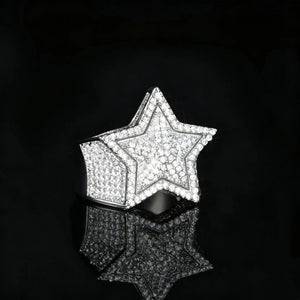 Heavy full pave iced out solid 3D micro inlay pentagram rhinestone ring silver tone heavy wide solid band bling hip hop men statement ring studio product photo on glossy black reflective background brilliant sparkling mens urban bling jewelry RDRIP JEWELRY
