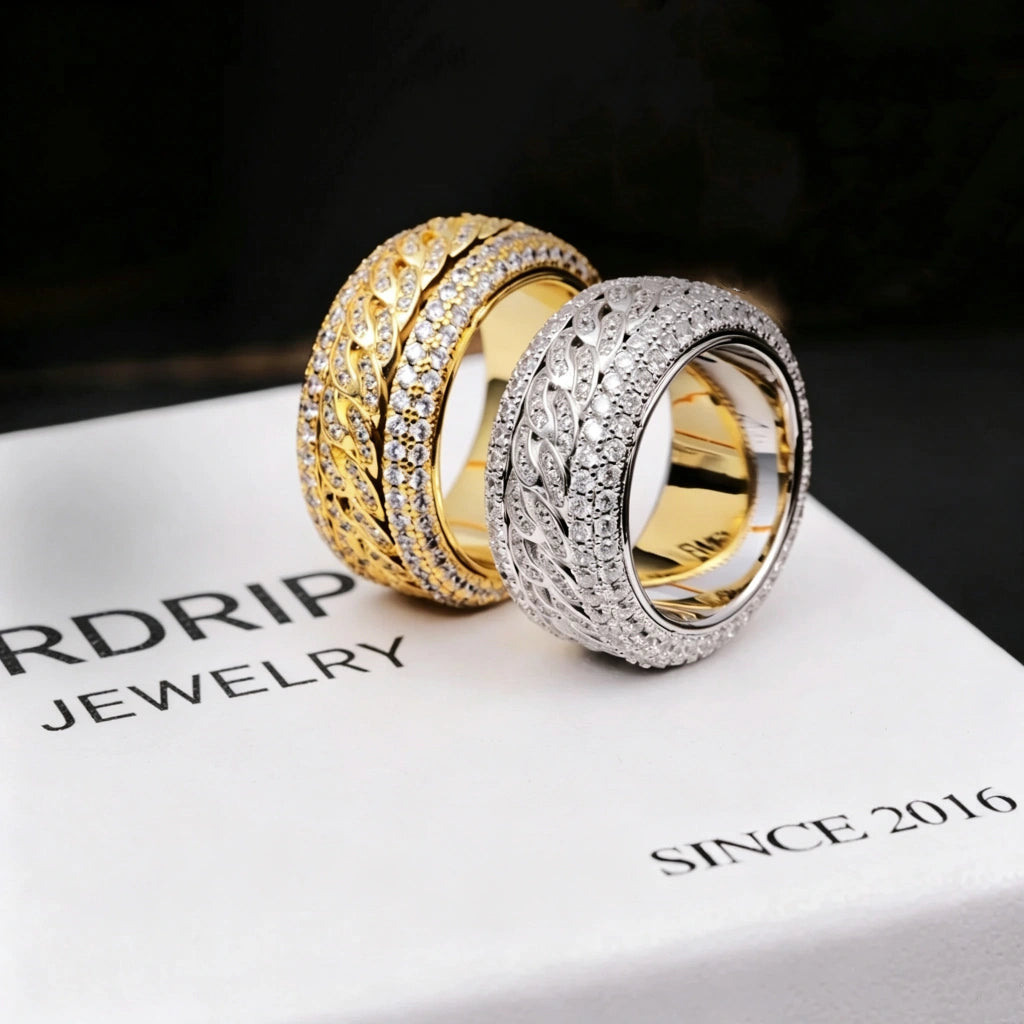 Spinner 5‑layer iced cuban band ring pair product shot, 18K gold plated and white gold plated rotatable spinning cuban link wide rings, fully hand‑set flawless VVS simulated diamonds, heavy 11mm width hip‑hop icy bling statement rings for men streetwear fashion, premium hip hop jewelry SINCE 2016 RDRIP JEWELRY
