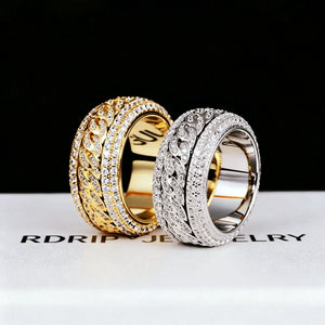 Spinner 5‑layer iced cuban band ring, rotatable wide hip‑hop statement ring, fully hand‑set flawless VVS simulated diamonds, 18K gold plated and white gold plated two‑tone men bling jewelry, heavy 11mm width spinning cuban link ring for street fashion men women RDRIP JEWELRY
