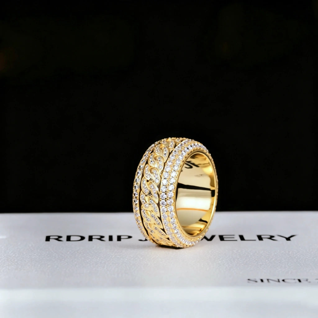18K gold plated spinner 5‑layer iced cuban band ring, rotatable spinning cuban link wide band ring, hand‑set flawless VVS simulated diamonds, heavy 11mm width hip‑hop icy bling statement ring for men street fashion jewelry RDRIP JEWELRY
