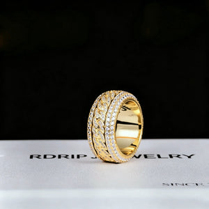 18K gold plated spinner 5‑layer iced cuban band ring, rotatable spinning cuban link wide band ring, hand‑set flawless VVS simulated diamonds, heavy 11mm width hip‑hop icy bling statement ring for men street fashion jewelry RDRIP JEWELRY
