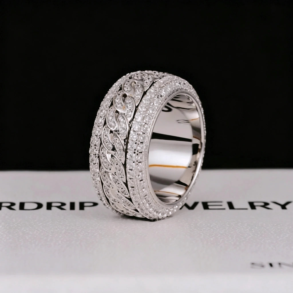Single white gold plated spinner 5‑layer iced cuban band ring, rotatable spinning cuban link wide band, fully hand‑set flawless VVS simulated diamonds, 11mm width heavy hip‑hop bling statement ring for men streetwear fashion, premium icy men’s jewelry RDRIP JEWELRY
