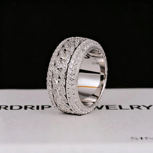Single white gold plated spinner 5‑layer iced cuban band ring, rotatable spinning cuban link wide band, fully hand‑set flawless VVS simulated diamonds, 11mm width heavy hip‑hop bling statement ring for men streetwear fashion, premium icy men’s jewelry RDRIP JEWELRY
