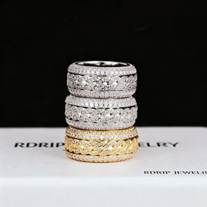 Stacked display of spinner 5‑layer iced cuban band rings, rotatable spinning cuban link wide band, hand‑set flawless VVS simulated diamonds, 18K gold plated and white gold plated heavy hip‑hop bling rings for men, 11mm width icy streetwear fashion jewelry collection RDRIP JEWELRY
