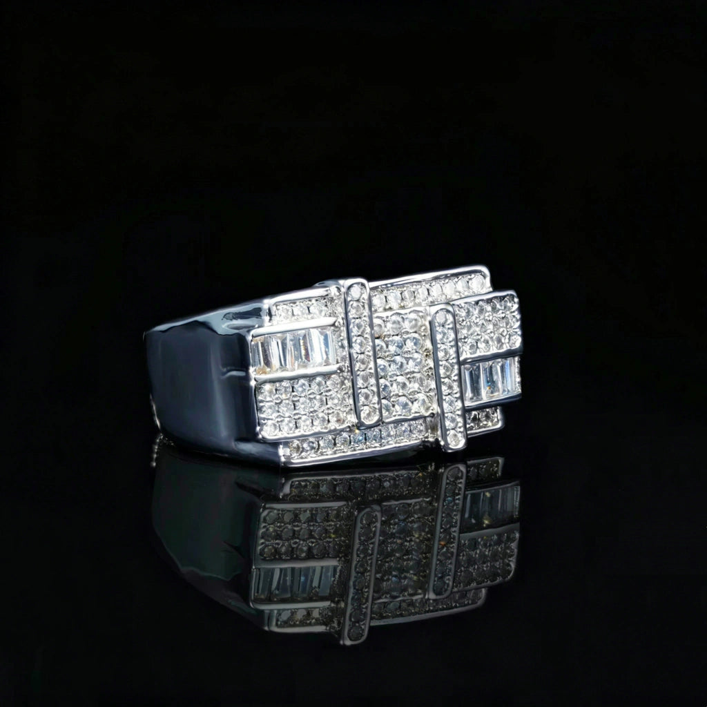 Iced out stacked baguette wide band men hip hop ring silver tone finish, layered geometric pave rhinestone rapper statement ring, bling street fashion jewelry for men RDRIP JEWELRY
