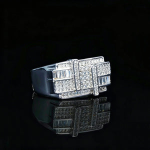 Iced out stacked baguette wide band men hip hop ring silver tone finish, layered geometric pave rhinestone rapper statement ring, bling street fashion jewelry for men RDRIP JEWELRY
