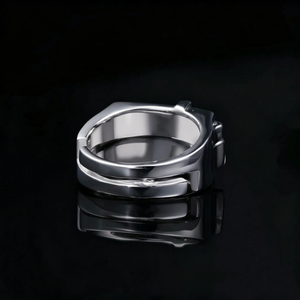 Inner band view of silver tone stacked baguette men hip hop ring, polished smooth inner surface, heavy wide band rapper ring back detail shot, premium urban mens jewelry RDRIP JEWELRY
