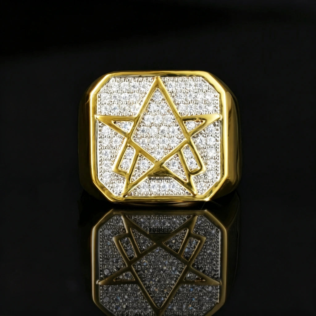 Front closeup view of RDRIP JEWELRY star of david hexagram iced cubic zirconia gold plated signet ring, square octagonal ring face fully micro paved with sparkling cz stones, hip hop mens bling jewelry shot on glossy black reflective background with clear mirror reflection
